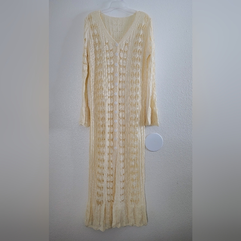 Vintage Style Women's Cream Open Knit Lace Button Front Maxi Dress Fits M/L
